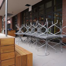 Outdoor furniture set up on the Patterson Street side patio