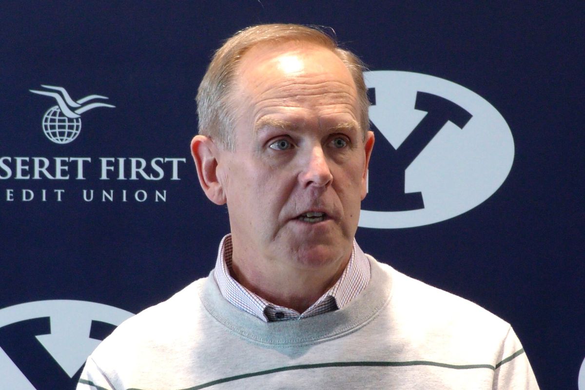 BYU athletic director Tom Holmoe talks with the media during a roundtable discussion on campus Wednesday, Jan. 30, 2019.