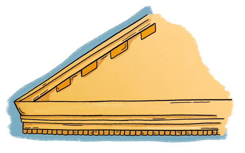 An illustration of a corner of a roof with detailing. 