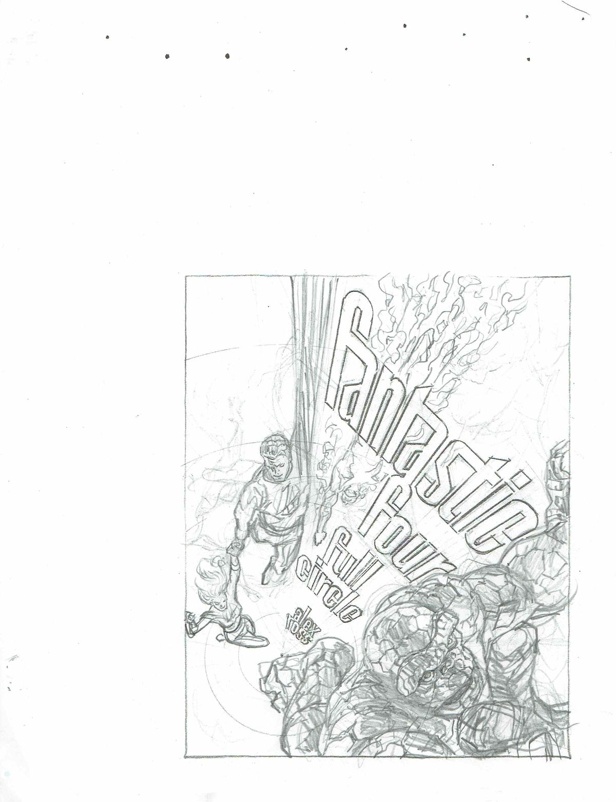 A preliminary sketch of the Fantastic Four in a more dynamic pose on the cover of Fantastic Four: Full Circle