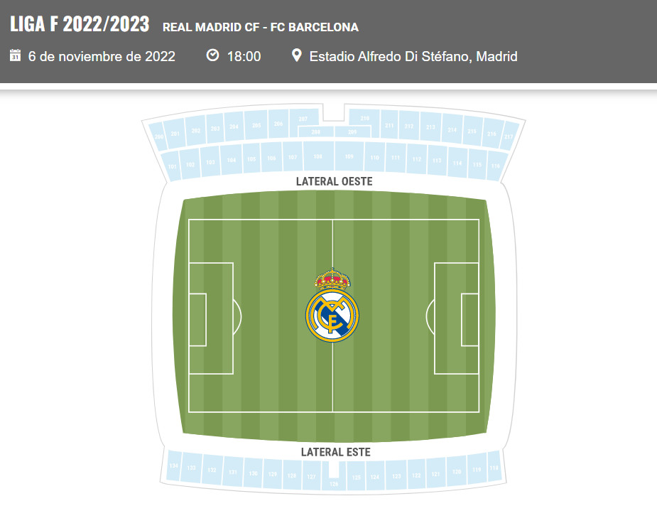 Screenshot taken from realmadrid.com on the ticket sale page for women’s el clasico showing the map of the seats on the ‘Alfredo di Stefano’ stadium with all sectors being marked light-blue meaning it’s sold out