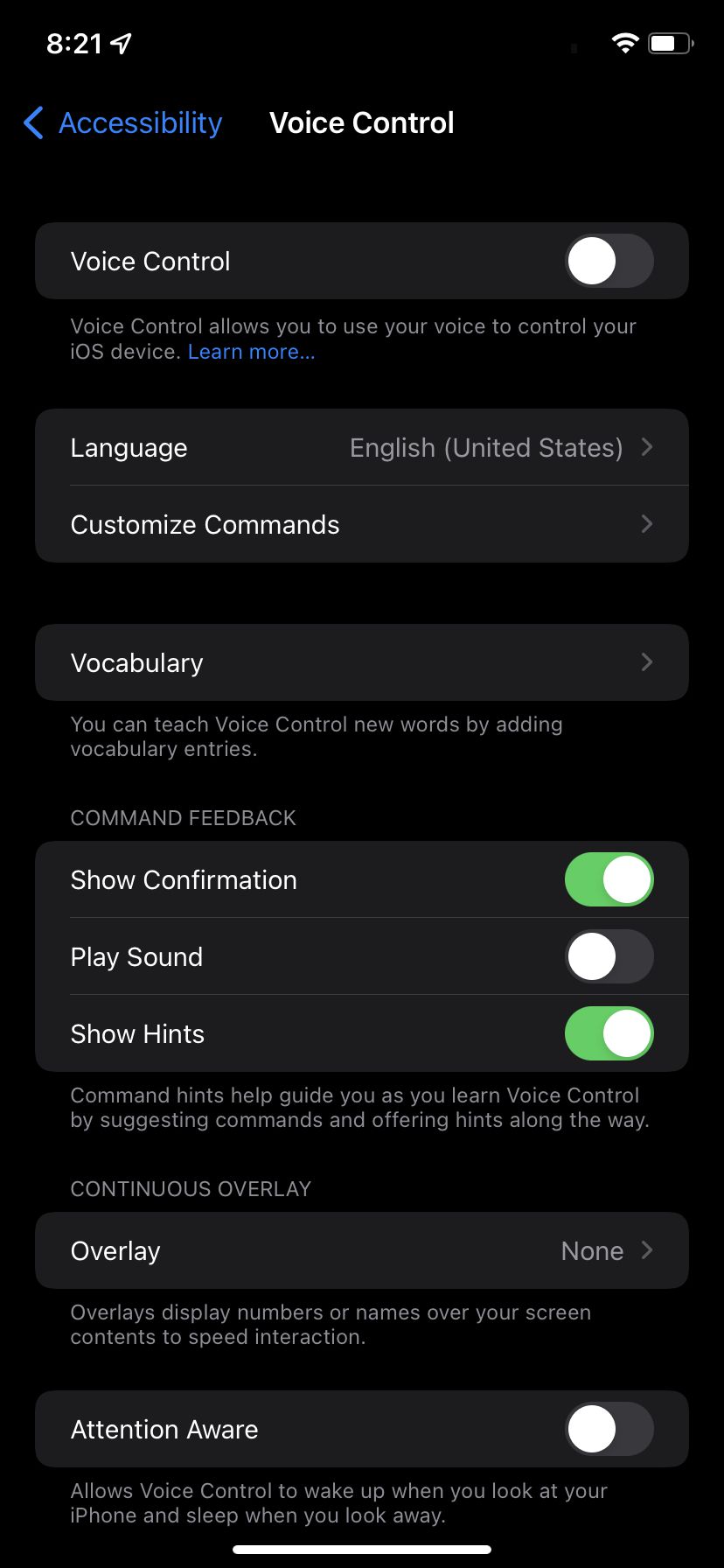 Página de controle de voz no iPhone