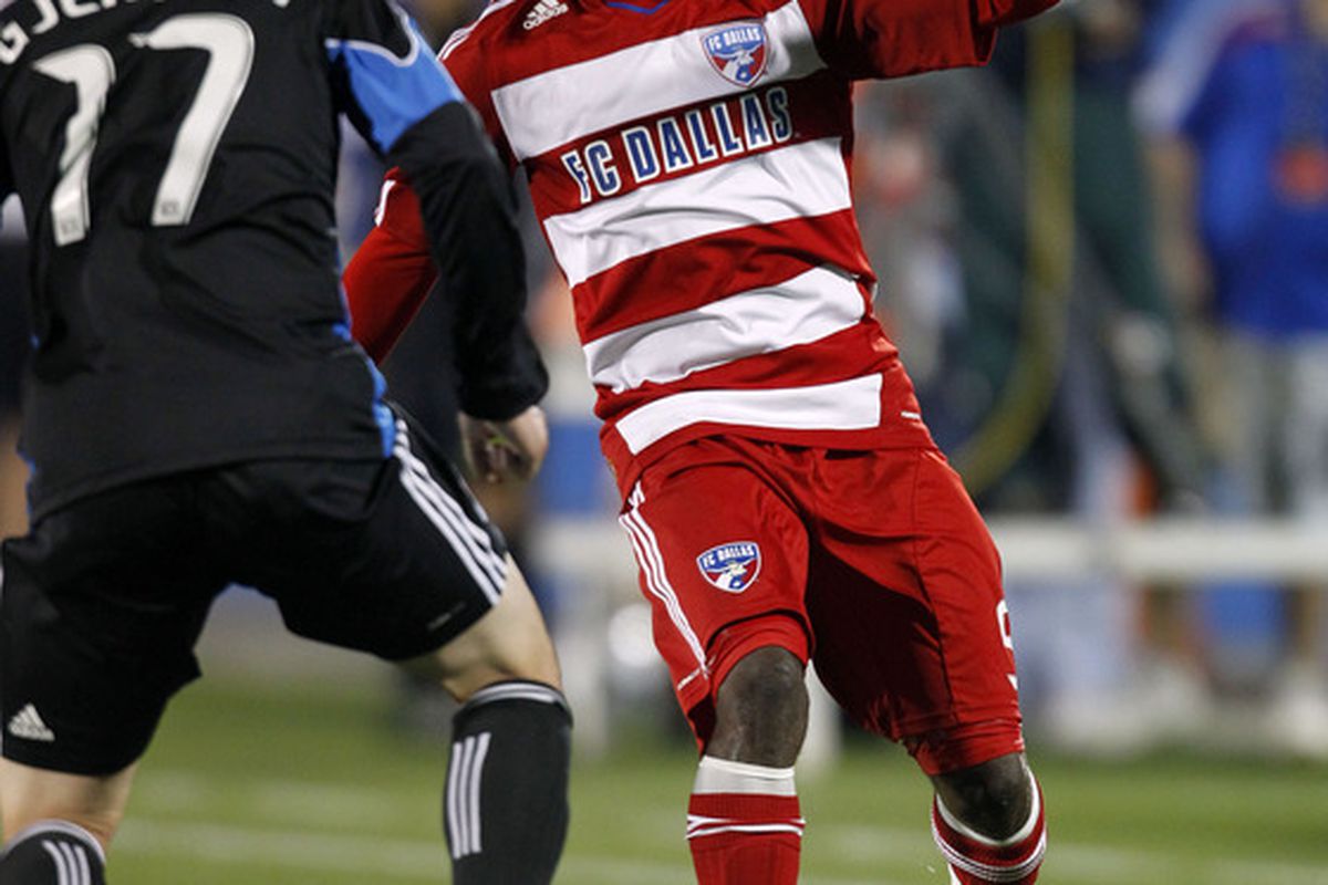 FRISCO, TX - MARCH 26: Jair Benitez #5 of FC Dallas looks to pass against Joey Gjertsen #17 of the San Jose Earthquakes at Pizza Hut Park on March 26, 2011 in Frisco, Texas. (Photo by Layne Murdoch/Getty Images)