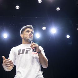Henry Cejudo speaks to the fans at the UFC 227 open workouts in Los Angeles, California.
