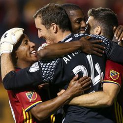 Real Salt Lake forward Joao Plata (10), goalkeeper Jeff Attinella (24), defender Aaron Maund (21) and defender Chris Wingert (16) celebrate after Wingert scored the winning penalty kick during a U.S. Open Cup game against Wilmington at Rio Tinto Stadium in Sandy on Tuesday, June 14, 2016.
