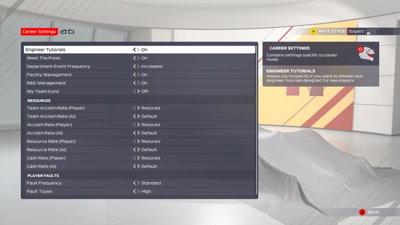 A menu in F1 2021 showing all of the difficulty options a user may select