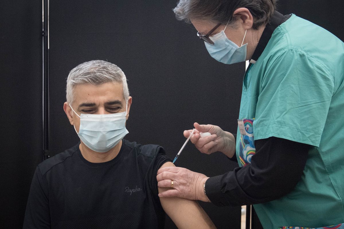 Mayor of London Sadiq Khan receives his first dose of the Pfizer coronavirus vaccine