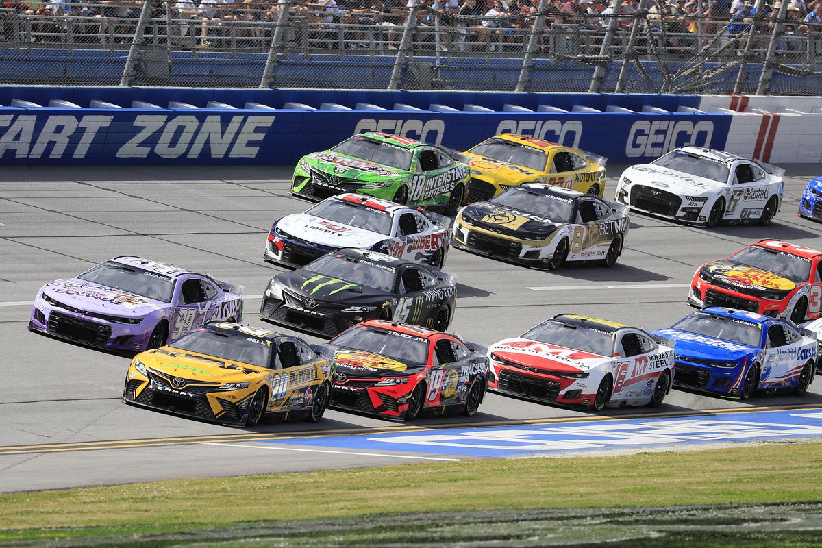 General race action during the running of the NASCAR Cup Series GEICO 500 race on April 24, 2022 at the Talladega Superspeedway in Talladega, Alabama.