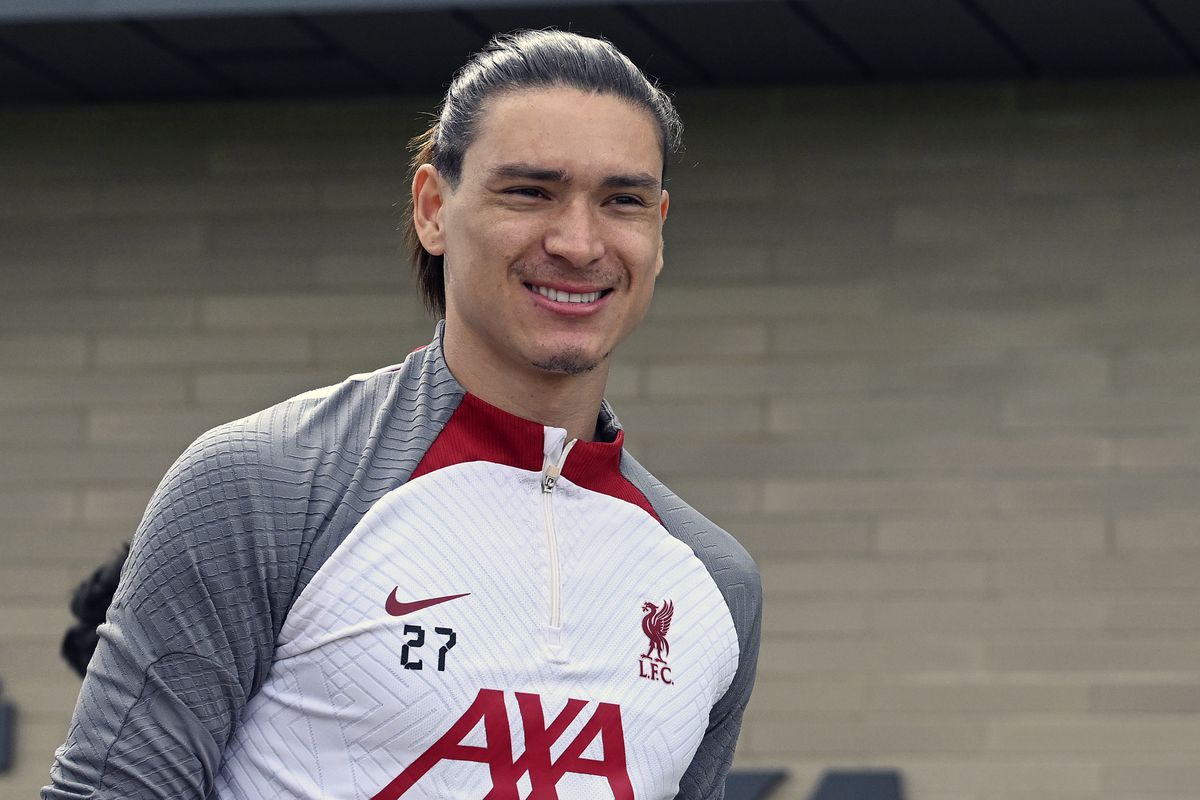 &nbsp;Darwin Nunez of Liverpool during a training session at AXA Training Centre on April 19, 2023 in Kirkby, England.