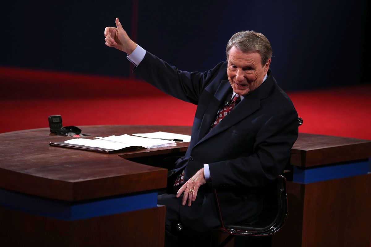 Jim Lehrer before a 2012 presidential debate.