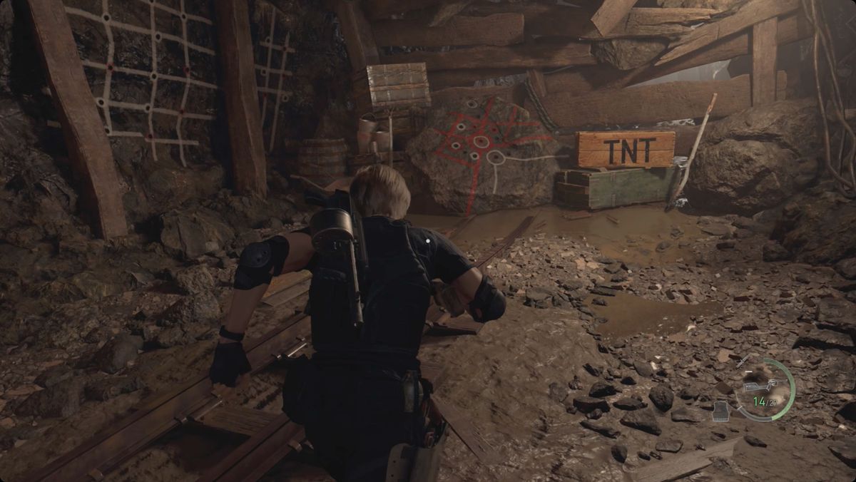 Resident Evil 4&nbsp;remake&nbsp;Leon on his way to solve the Blast Zone puzzle with dynamite