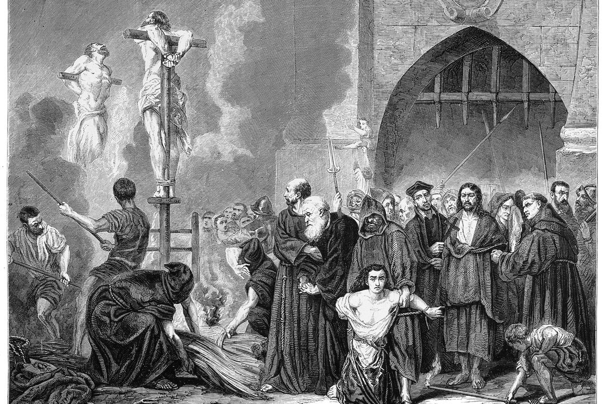 Spain: An auto-da-fŽ of the Spanish Inquisition, engraving, Henry Duff Linton (1815 - 1899), c. 1860