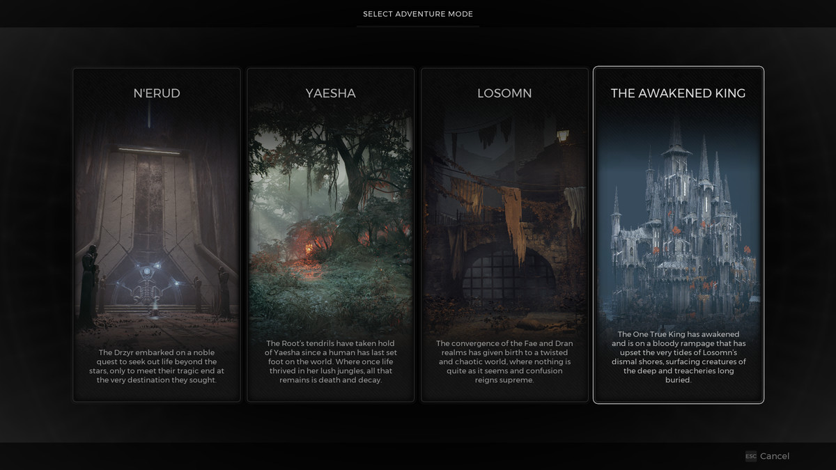 A look at the Adventure Mode menu in Remnant 2, showing the player selecting the Awakened King