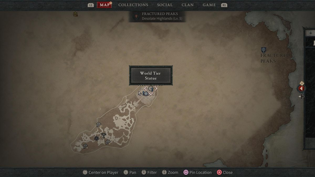 A Diablo 4 map shows the location of the World Tier Statue in Kyovashad.