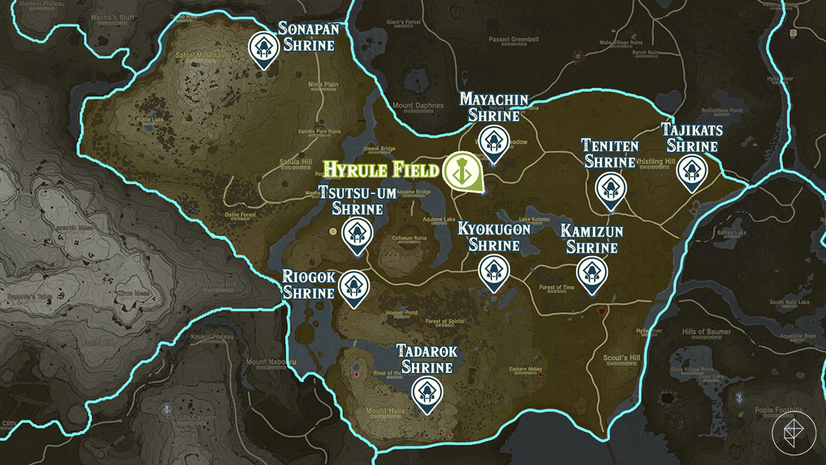 Zelda Tears of the Kingdom map of the Hyrule Field region with shrine locations marked