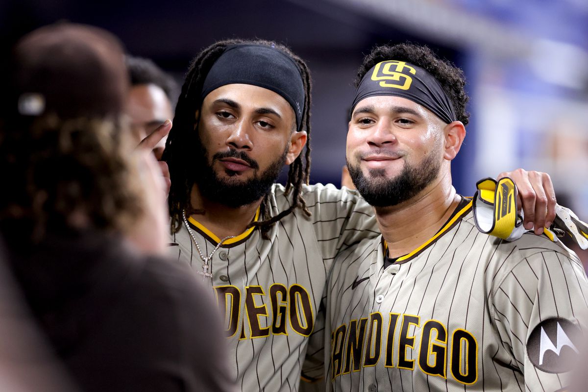 Gary Sanchez of the San Diego Padres celebrates with Fernando Tatis Jr. after hitting a home run against the Miami Marlins during the third inning at loanDepot park on May 31, 2023 in Miami, Florida.