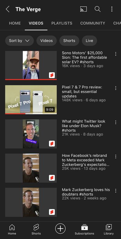 Screenshot of the YouTube app, showing a list of five videos, four of which are shorts.