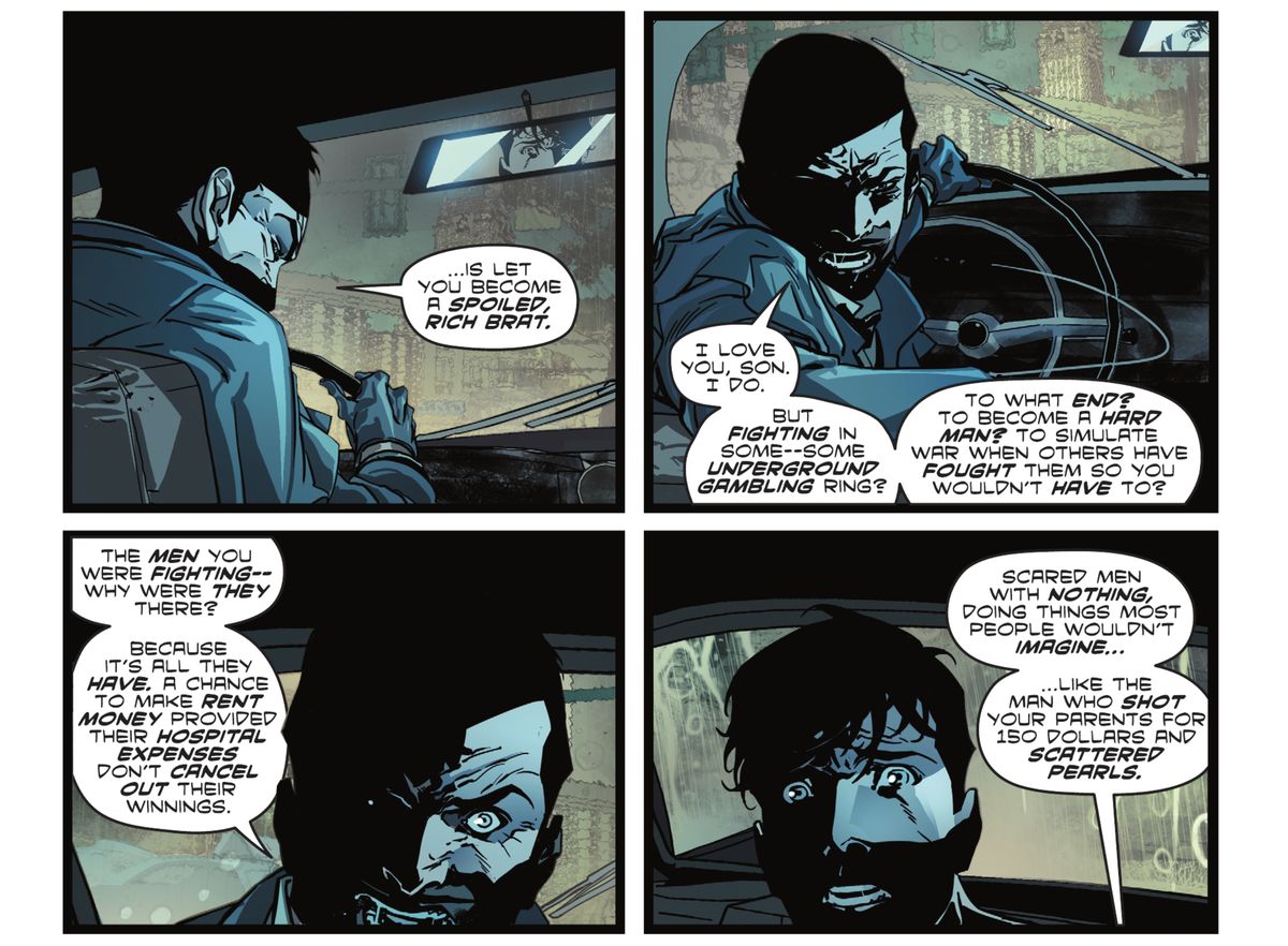 Alfred rails on a young Bruce Wayne for participating in an underground fight club. “To what end? To become a hard man? To simulate war when others have fought them so you wouldn’t have to?” in Batman: The Knight #1 (2022). 