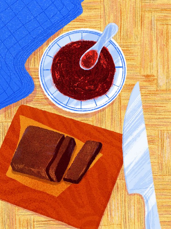 A sliced-into block of fermented shrimp sits next to a bowl of sambal. illustration.