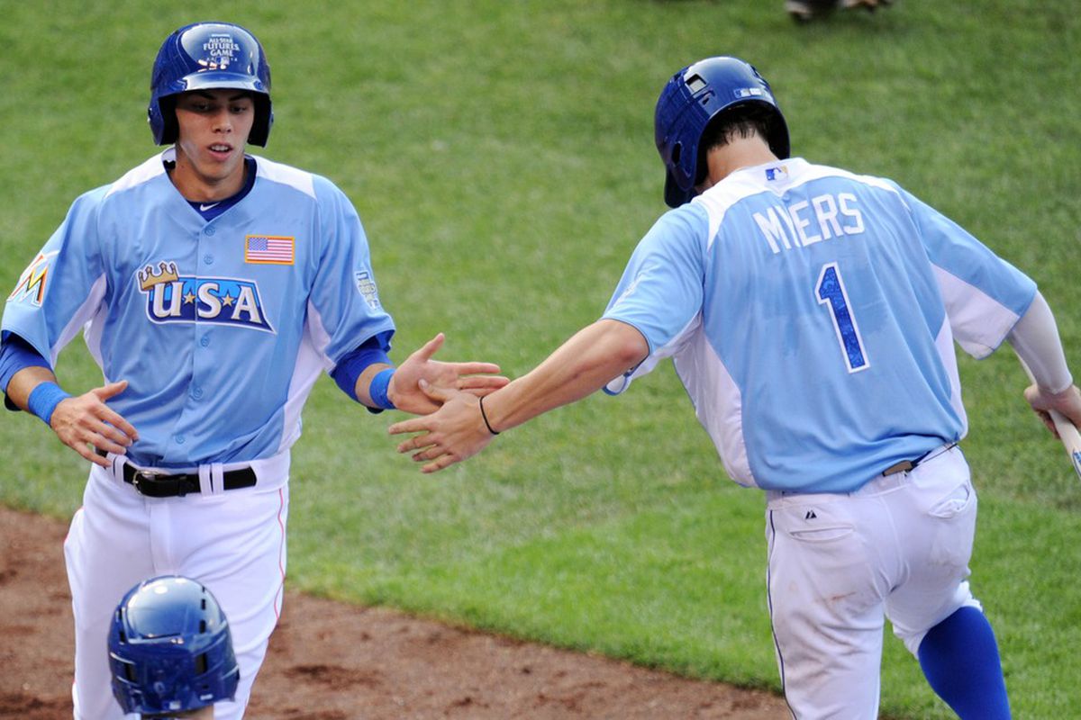 If the Miami Marlins trade Giancarlo Stanton to the Tampa Bay Rays, the sight of Wil Myers and Christian Yelich doing this should happen often.