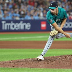 Seattle Mariners relief pitcher Matt Brash (47) pitches as the Toronto Blue Jays beat the Seattle Mariners 3-2 at Rogers Centre in Toronto. April 28, 2023.