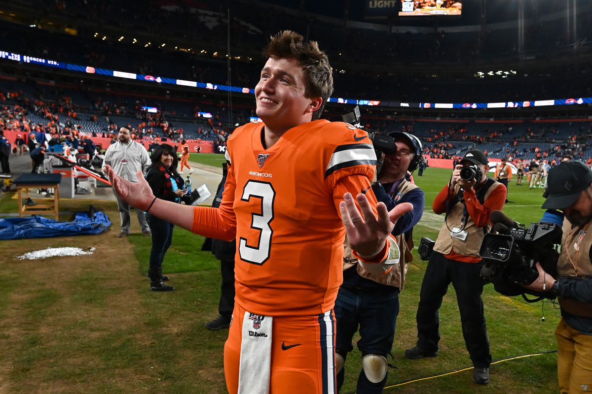 Denver Broncos quarterback Drew Lock following the win against the Detroit Lions at Empower Field at Mile High.