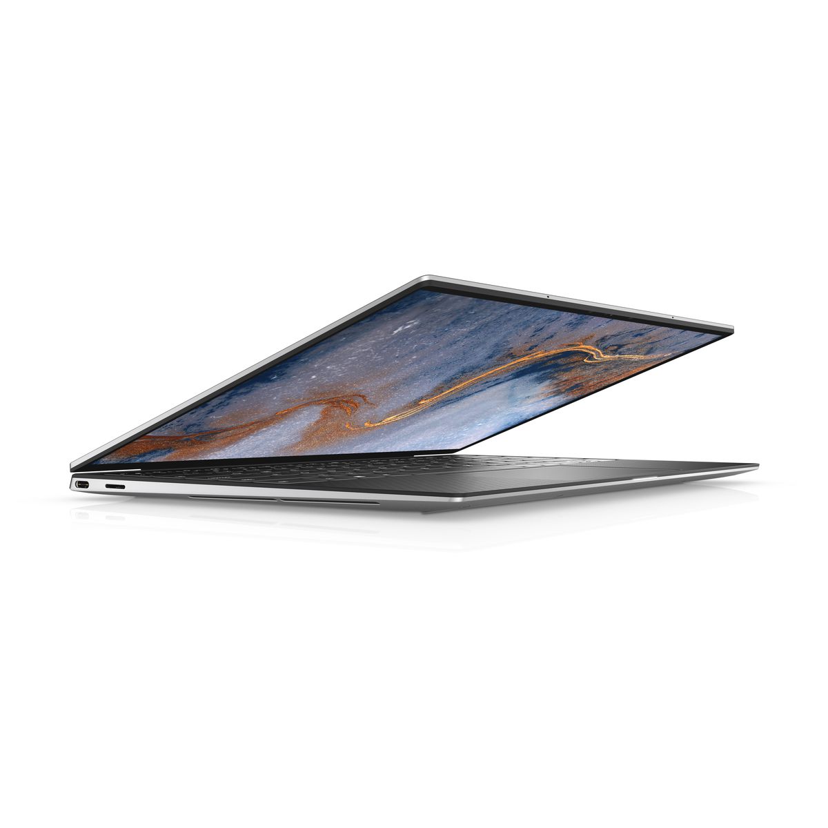 The Dell XPS 13 seen from the left side, half open.