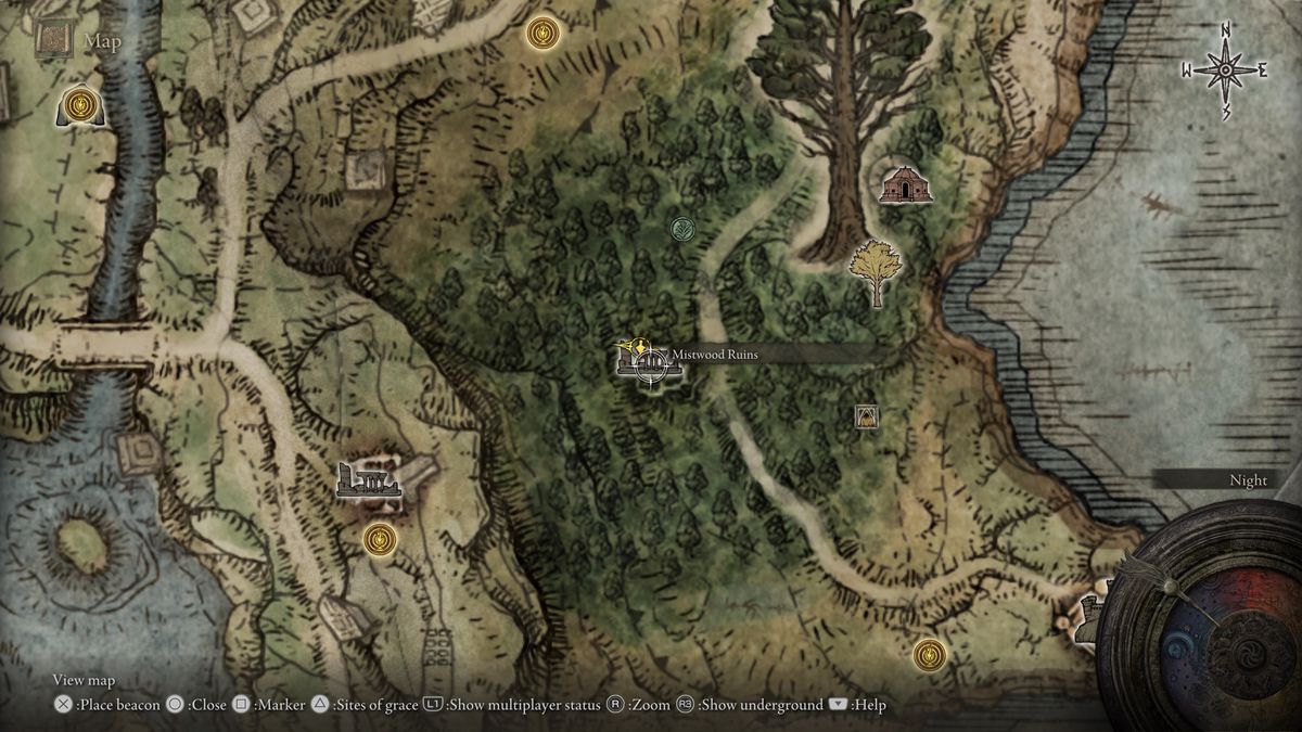 Elden Ring’s map showing the location of Mistwood Ruins, where you’ll first find Blaidd.
