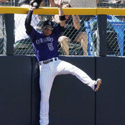 Colorado Rockies left fielder Carlos Gonzalez catches a fly ball off the bat of San Diego Padres' Kyle Blanks to save a solo home run in the fifth inning of a baseball game in Denver on Sunday, June 9, 2013. 