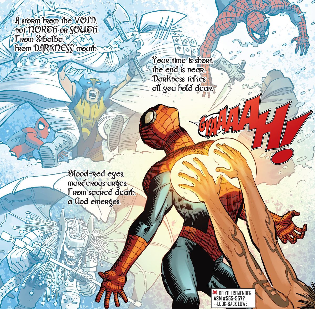 Abundan los pareados que riman sobre las imágenes de las aventuras anteriores de Spider-man cuando un tipo con tatuajes extraños toca su pecho con manos llenas de energía en Amazing Spider-Man #21 (2023).