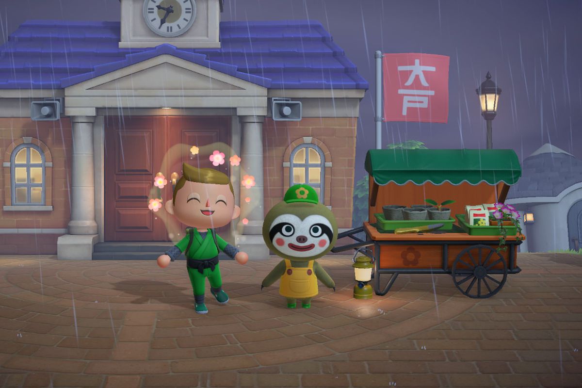 An Animal Crossing villager dances in the rain next to Leif