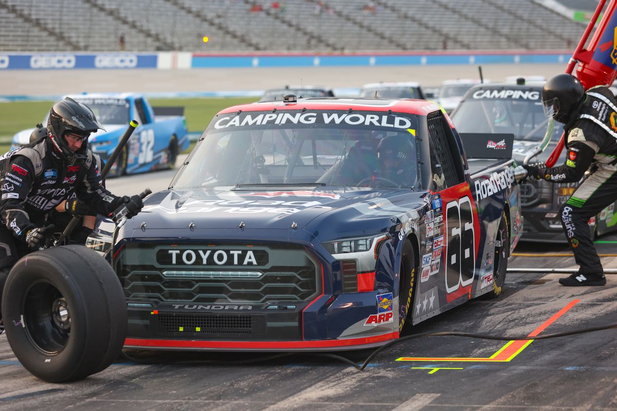 Ty Majeski (#66 ThorSport Racing Toyota) makes a pit stop during the NASCAR Camping World Truck Series SpeedyCash.com 220 on May 20, 2022 at Texas Motor Speedway in Fort Worth, TX.