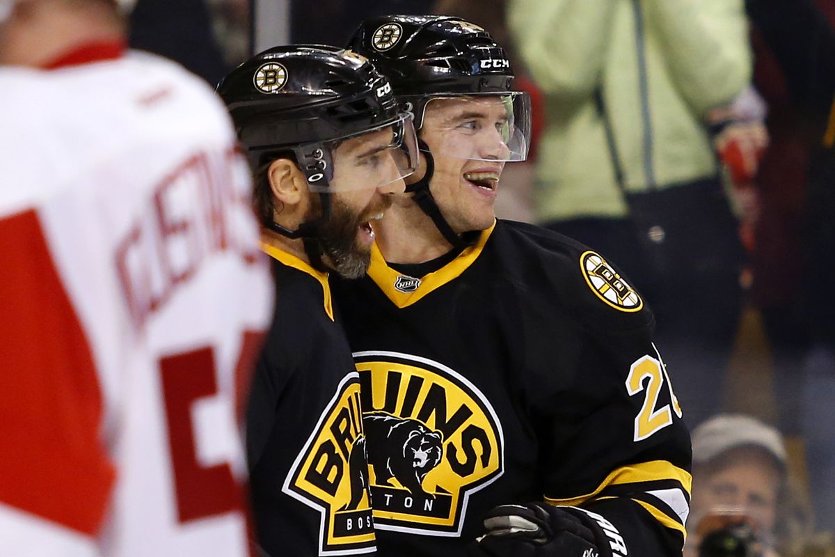 Maxime Talbot celebrates with Daniel Paille, perhaps hoping for another Brad Marchand kiss.