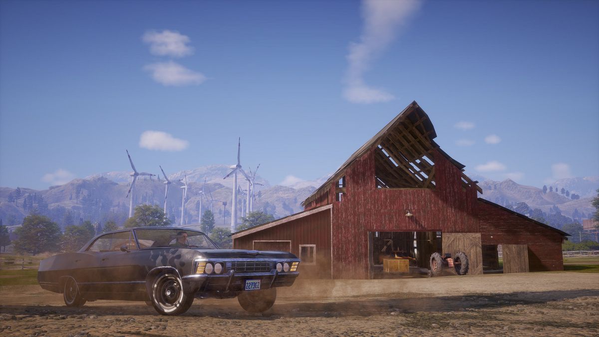 State of Decay 2 - driving a muscle car past a dilapidated barn