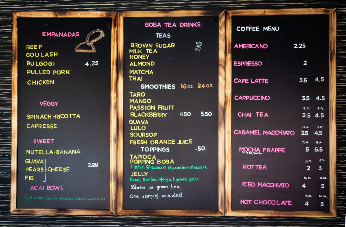 Menu for Empanada House and boba tea bar on the second floor of Sweet Octopus Asian Street Food in Duluth