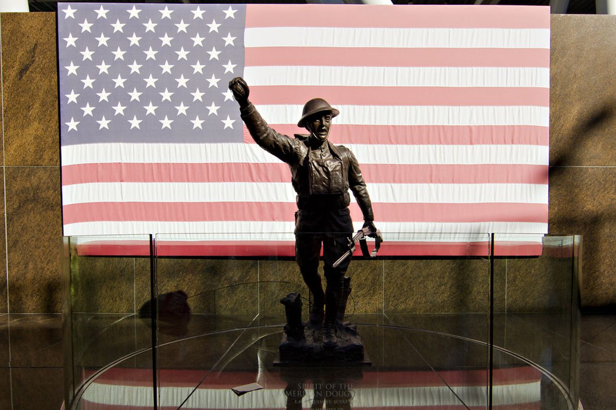 CHICAGO, IL:   Soldier Statue with American Flag at Soldier field in Chicago, Illinois. (Photo by Wesley Hitt/Getty Images)