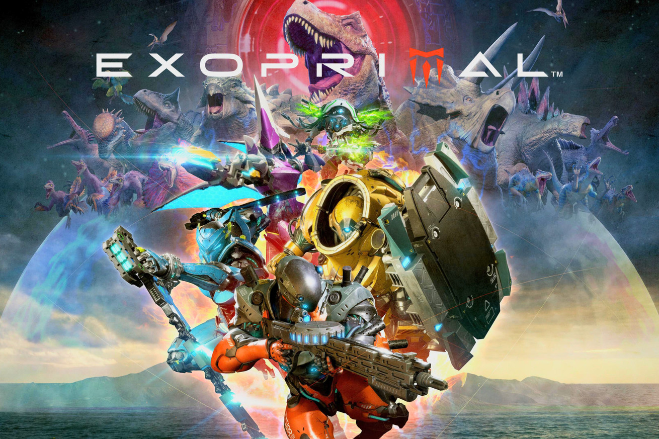 Key art from Exoprimal featuring a collection of dinosaurs and exosuits