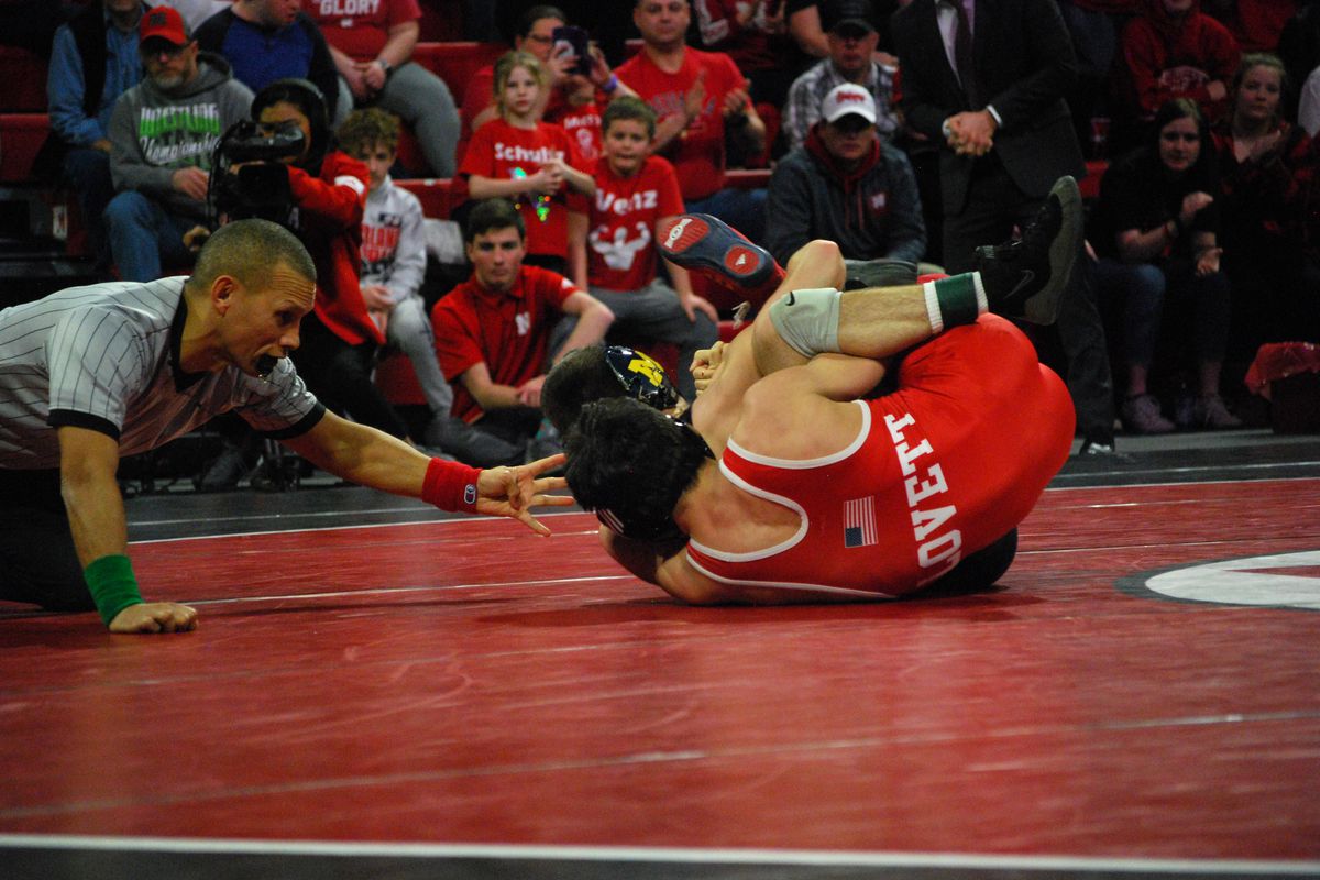Nebraska competing in a dual against Michigan on Feb. 14, 2020 at the Bob Devaney Sports Center.