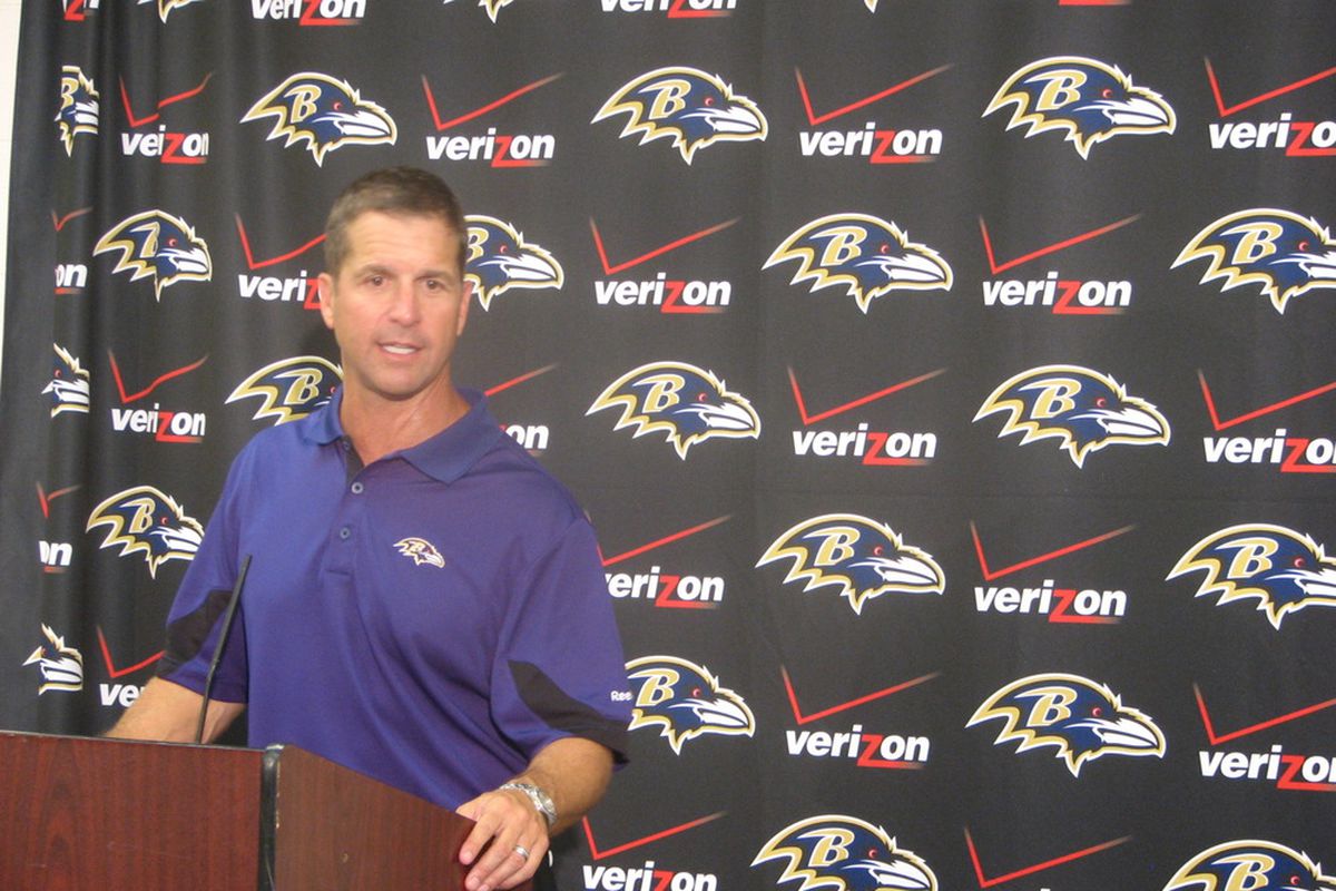 Ravens head coach John Harbaugh answers questions on the team's practice at M&T Bank Stadium(8/6/11)