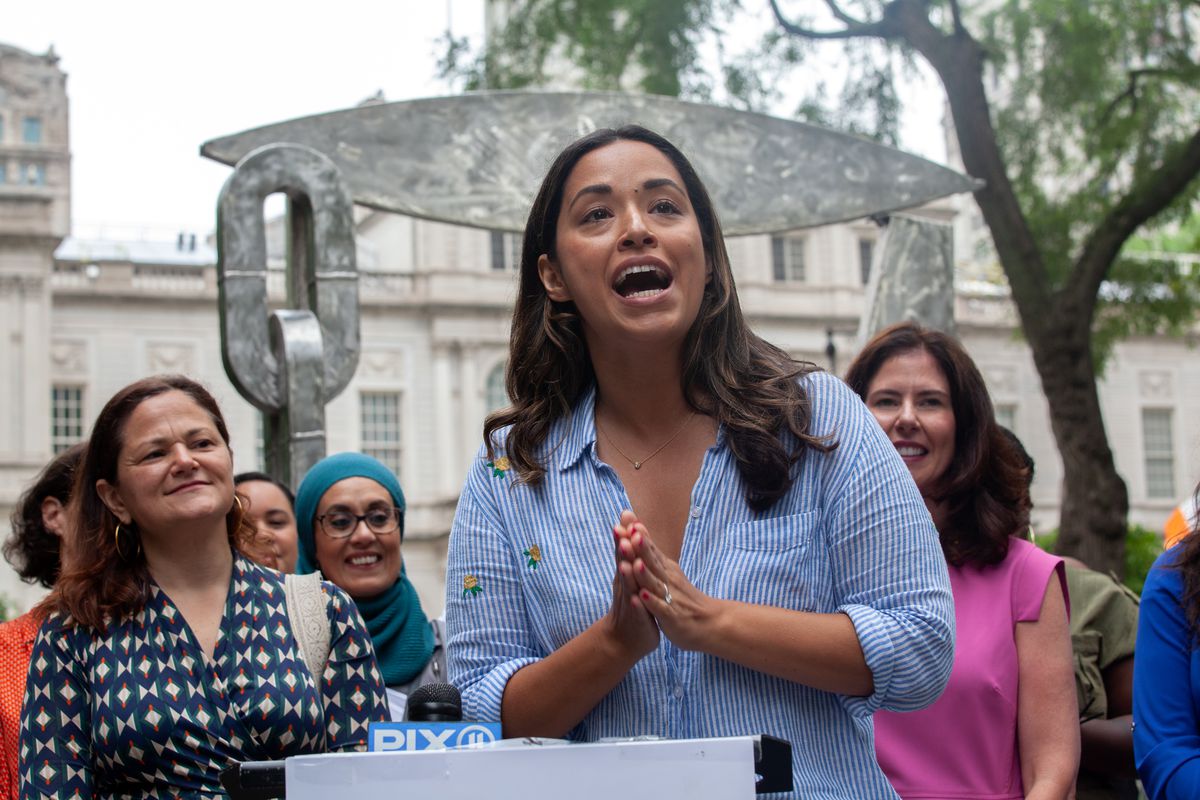 City Councilmember Carlina Rivera speaks at a rally in City Hall Park supporting female candidates, July 13, 2021.