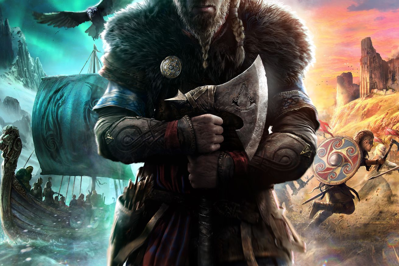 A viking holds a mean ax in front of ships and warriors ready for battle