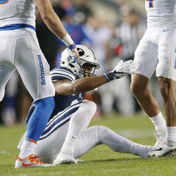 Brigham Young Cougars wide receiver Jonah Trinnaman (3) complains about  the defense by Boise State Broncos in Provo on Friday, Oct. 6, 2017.