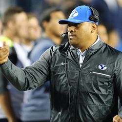 Brigham Young Cougars head coach Kalani Sitake shakes hands prior to the game with Boise in Provo on Friday, Oct. 6, 2017.