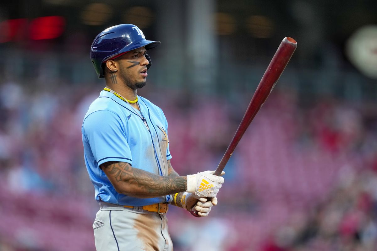 Wander Franco of the Tampa Bay Rays bats in the fifth inning against the Cincinnati Reds at Great American Ball Park on April 18, 2023 in Cincinnati, Ohio.