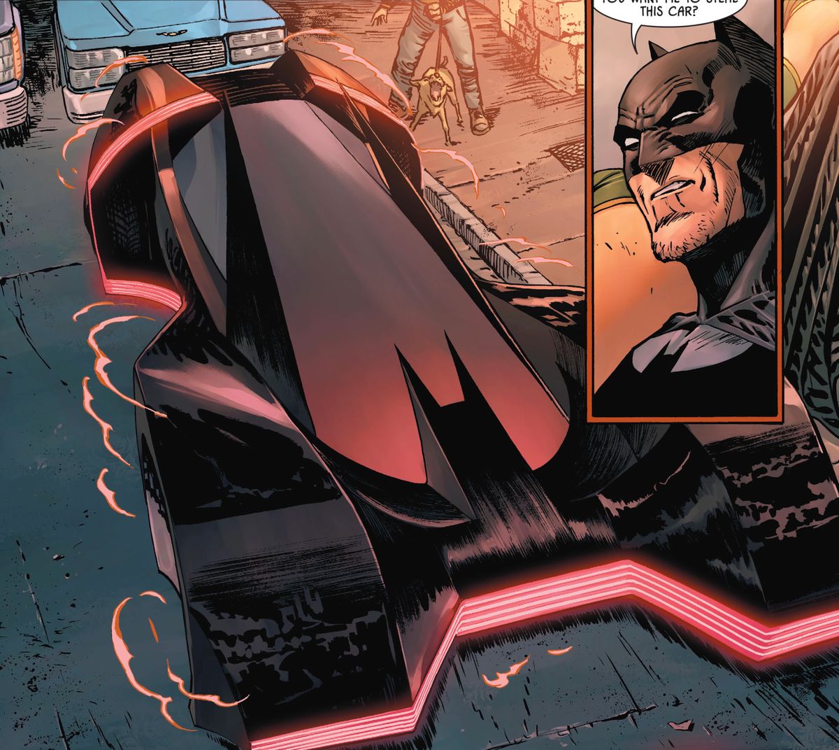 A hologram disguises a normal sportscar as the Batmobile, in Batman #88, DC Comics (2020). 