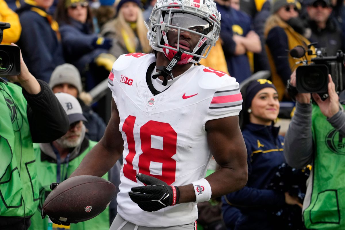 Ohio State Buckeyes wide receiver Marvin Harrison Jr. scores a touchdown during the second half of Saturday’s NCAA Division I football game against the University of Michigan.