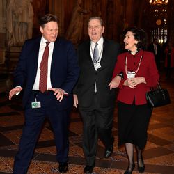 Stephen Kerr, a Latter-day Saint member of Parliament, walks through historic Westminster Hall with Elder Jeffrey R. Holland of the Quorum of the Twelve Apostles and Sister Patricia Holland as they arrive at the Houses of Parliament to meet with British Prime Minister Theresa May at the Palace of Westminster in London on Wednesday, Nov. 21, 2018.