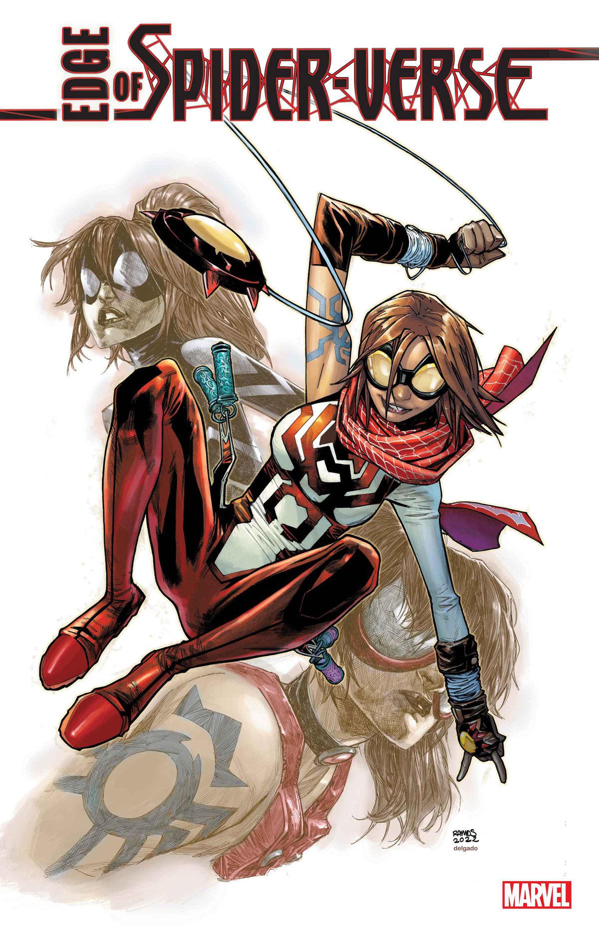 Araña swings in the air wearing the transforming cover of Edge of Spider-Verse #1 (2022).