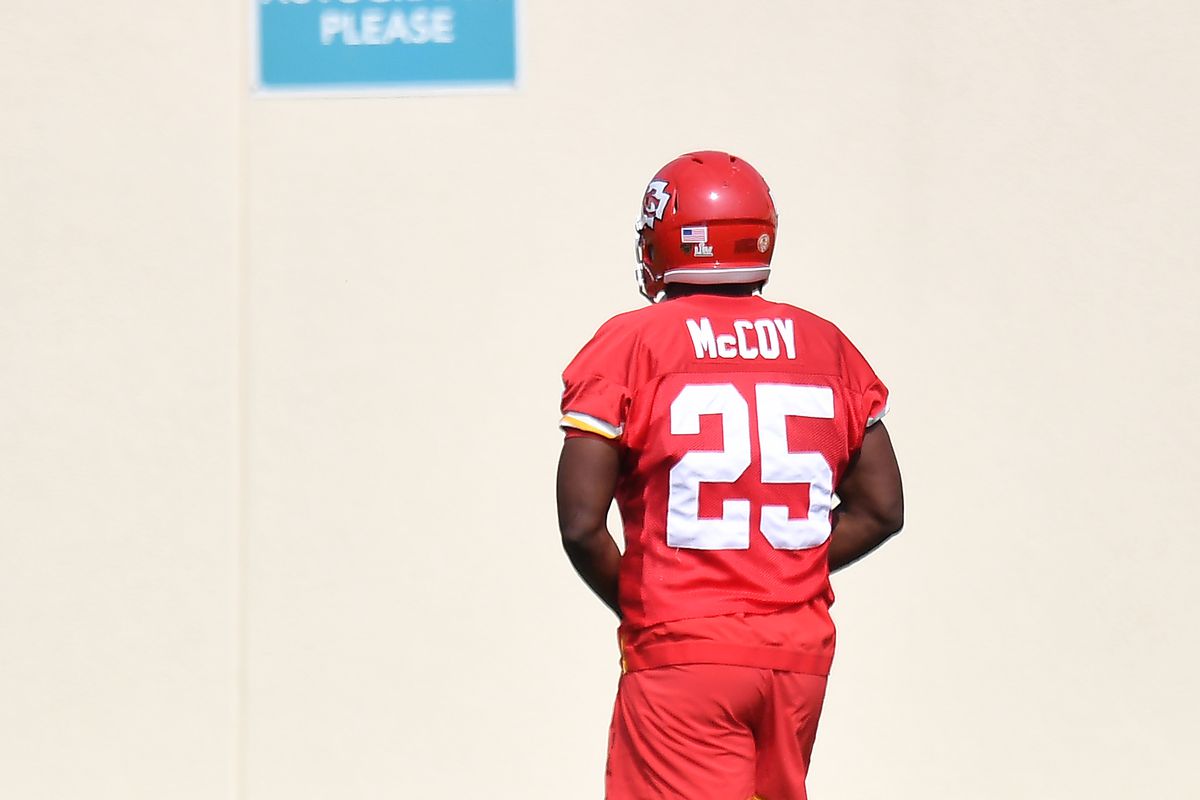 LeSean McCoy of the Kansas City Chiefs looks on during the Kansas City Chiefs practice prior to Super Bowl LIV at Baptist Health Training Facility at Nova Southern University on January 31, 2020 in Davie, Florida.