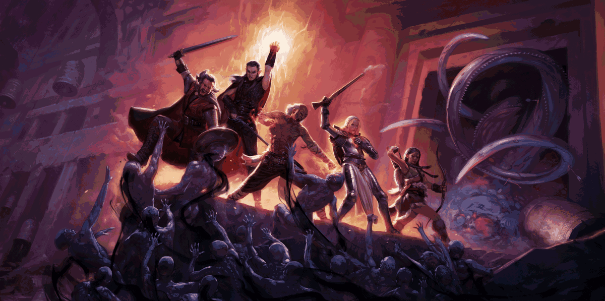 A party of heroes fights against a writhing mass of undead. They are trapped at a dead end, atop a pinnacle of stone.